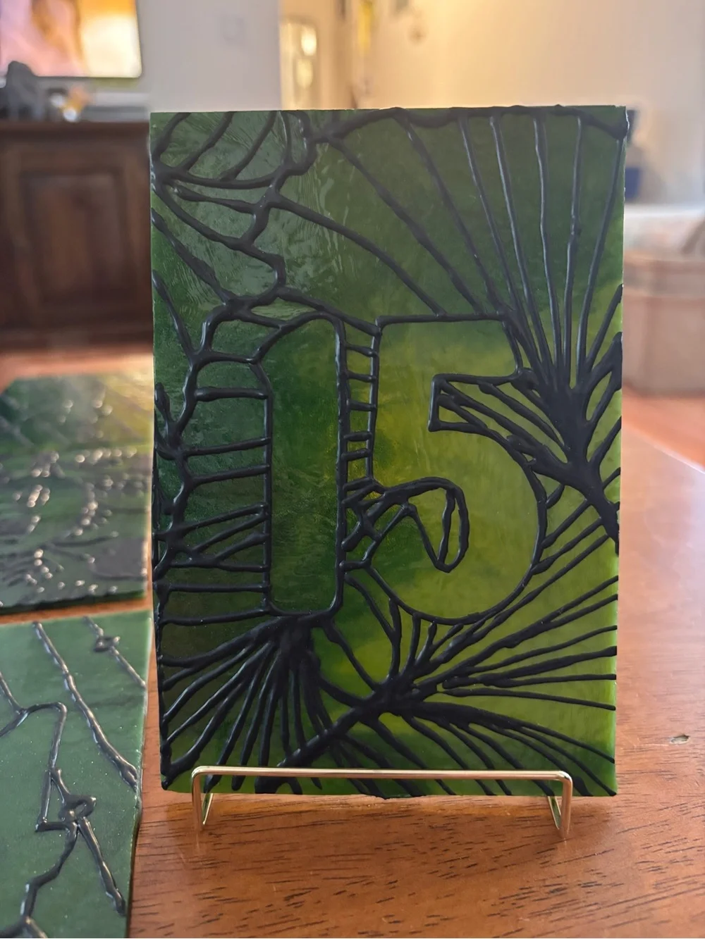 Custom Green Stained Glass Table Numbers. Tables 1-15. With Gold Easels
